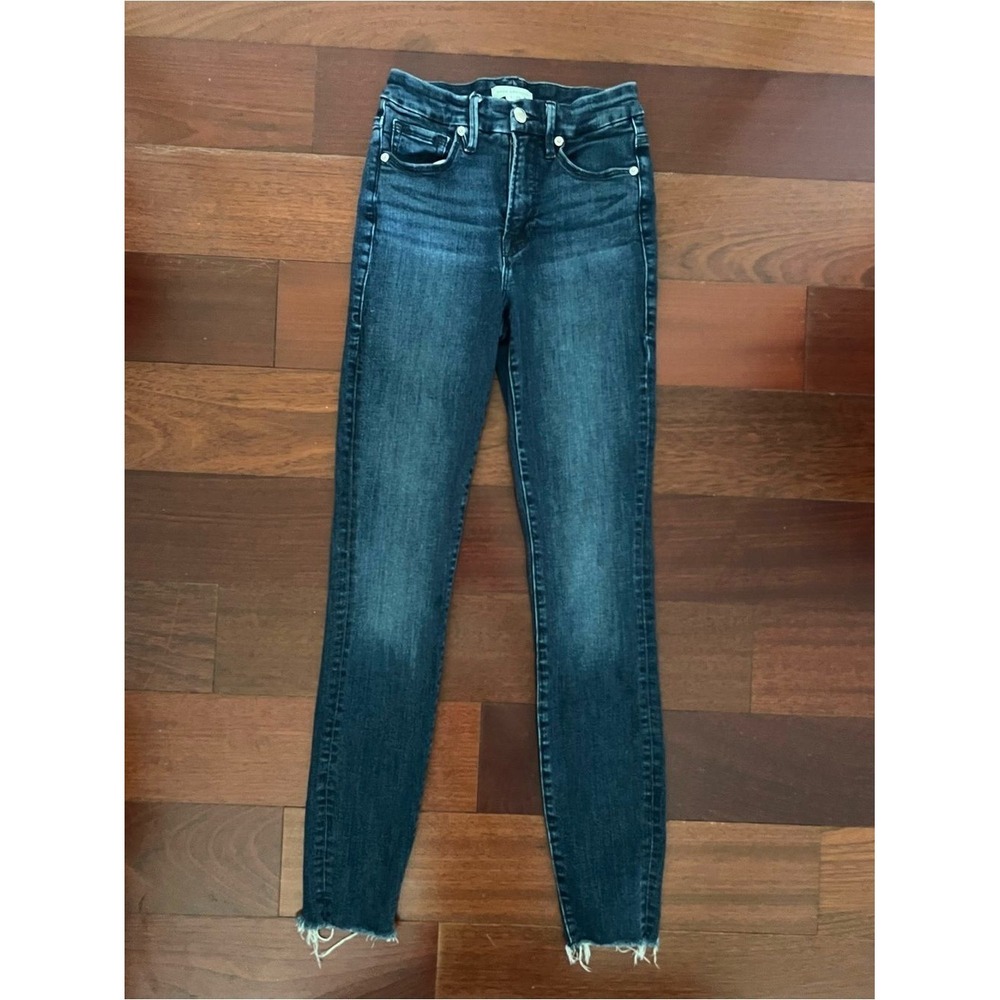 Good American Jeans 0/25 High Rise Raw Hem Skinny Dark Wash